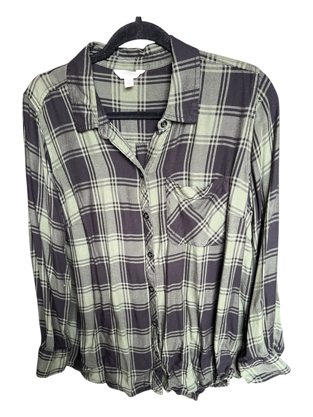 Terra & Sky Olive Green and Black Plaid Button-Down Shirt